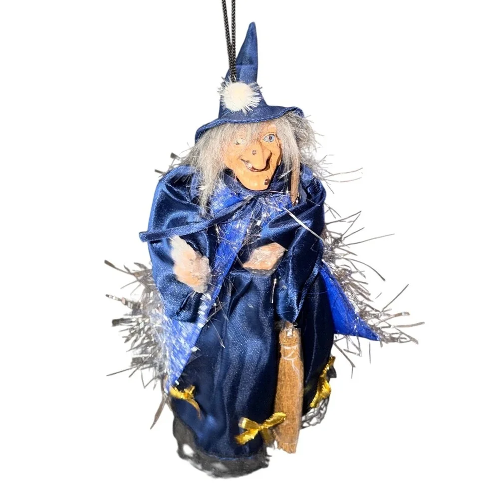 Gothic Halloween Decor Hanging Witch Blue Satin Dress Broom 12.5